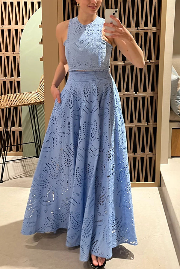 Zofia | Boho zestaw z haftem angielskim z krótkim topem i kieszeniami