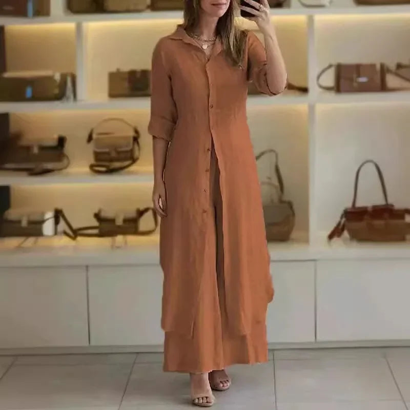 Izabela | Minimalistyczny Komplet z Długą Tunikową Koszulą i Spodniami Palazzo