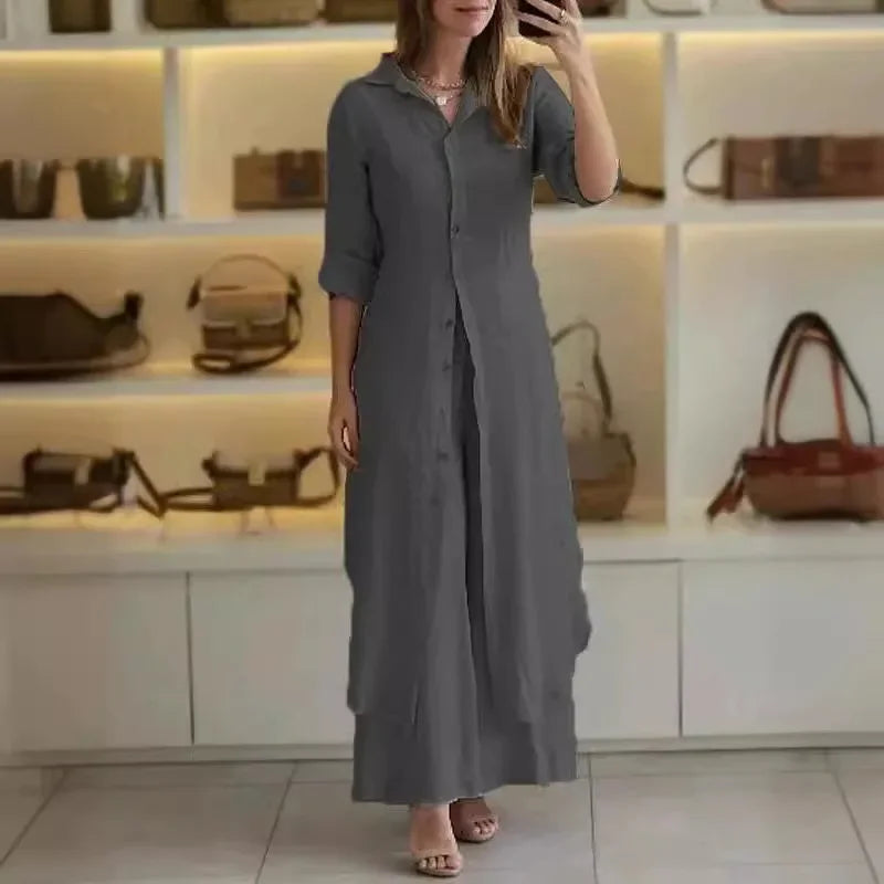 Izabela | Minimalistyczny Komplet z Długą Tunikową Koszulą i Spodniami Palazzo